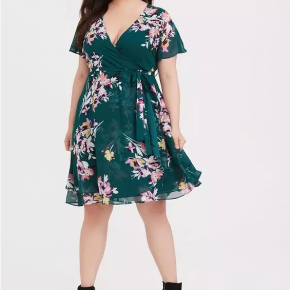 torrid Teal Floral Wrap Dress with Pink and Yellow Accents